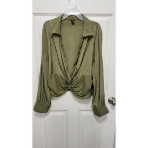 Shein Curve Olive Green Satin Twist Open Front Long Sleeve Women Top 3XL